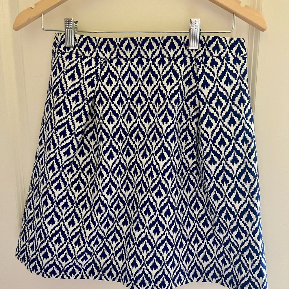 J Crew Skirt 0 Blue White Ikat Jacquard Print A-line Cotton Pleat E6638